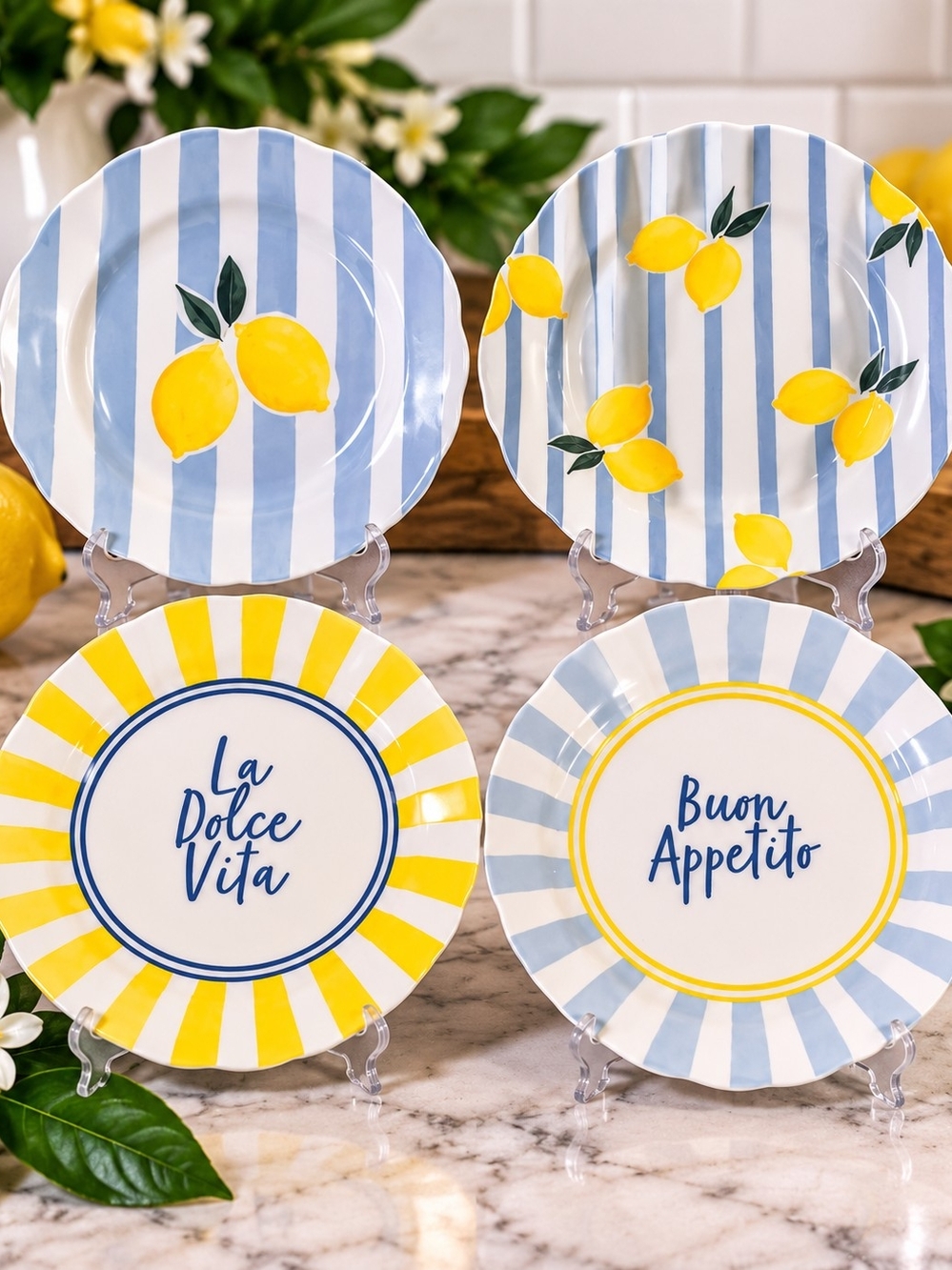 Set Of 4 Striped Lemon Ceramic Dessert Plates - NIB
